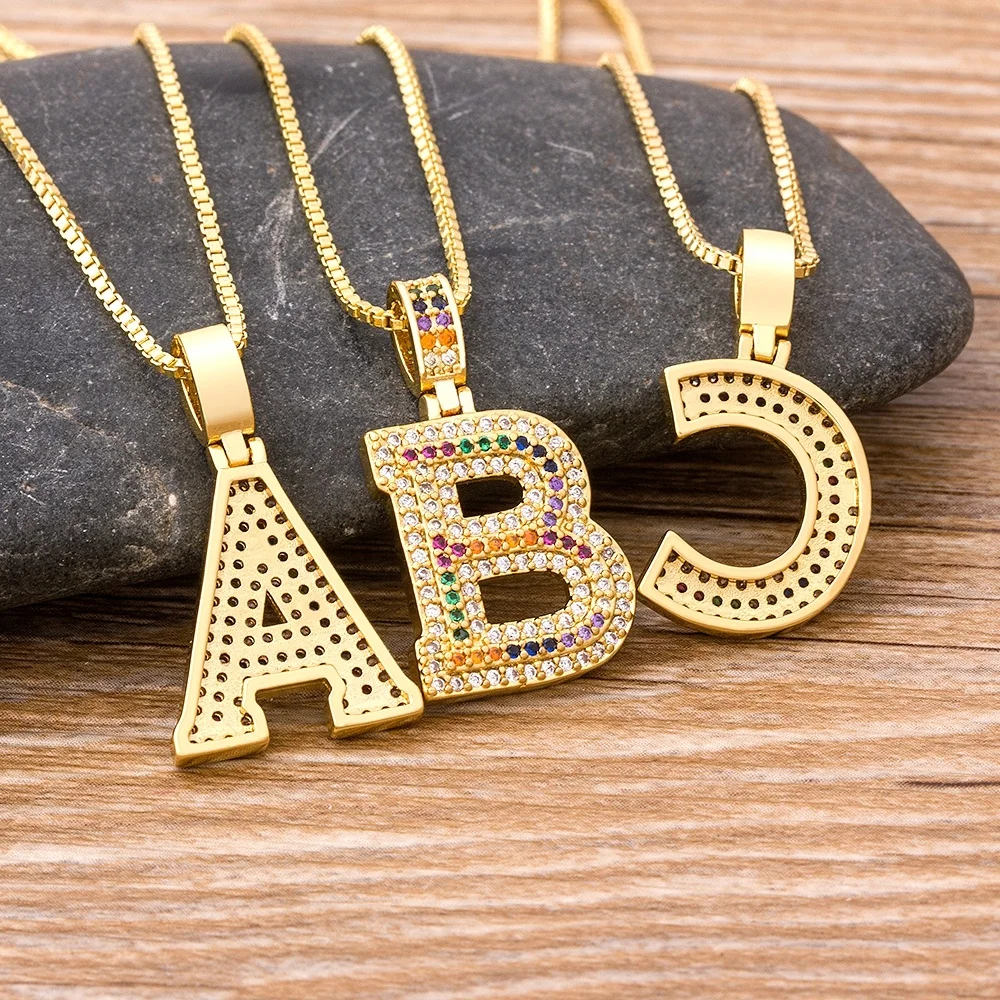 

2021 New Fashion luxury A-Z 26 Letter Necklace Rainbow CZ Pendant Initials Letter Necklace Party Wedding Jewelry Gift, Gold