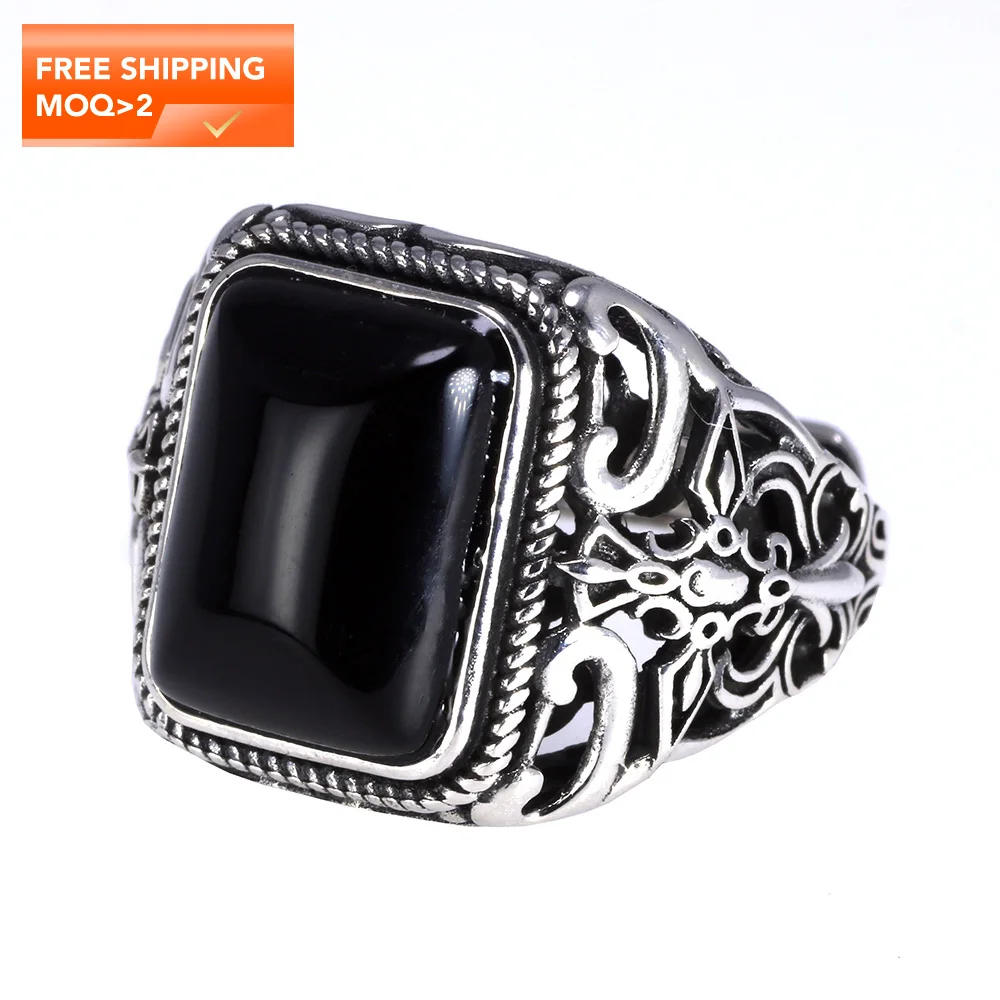 

Real 925 Sterling Silver Vintage Rings For Men Natural Black Agate Stone Square Shape Hollow Cross Flower Carved Punk Jewelry