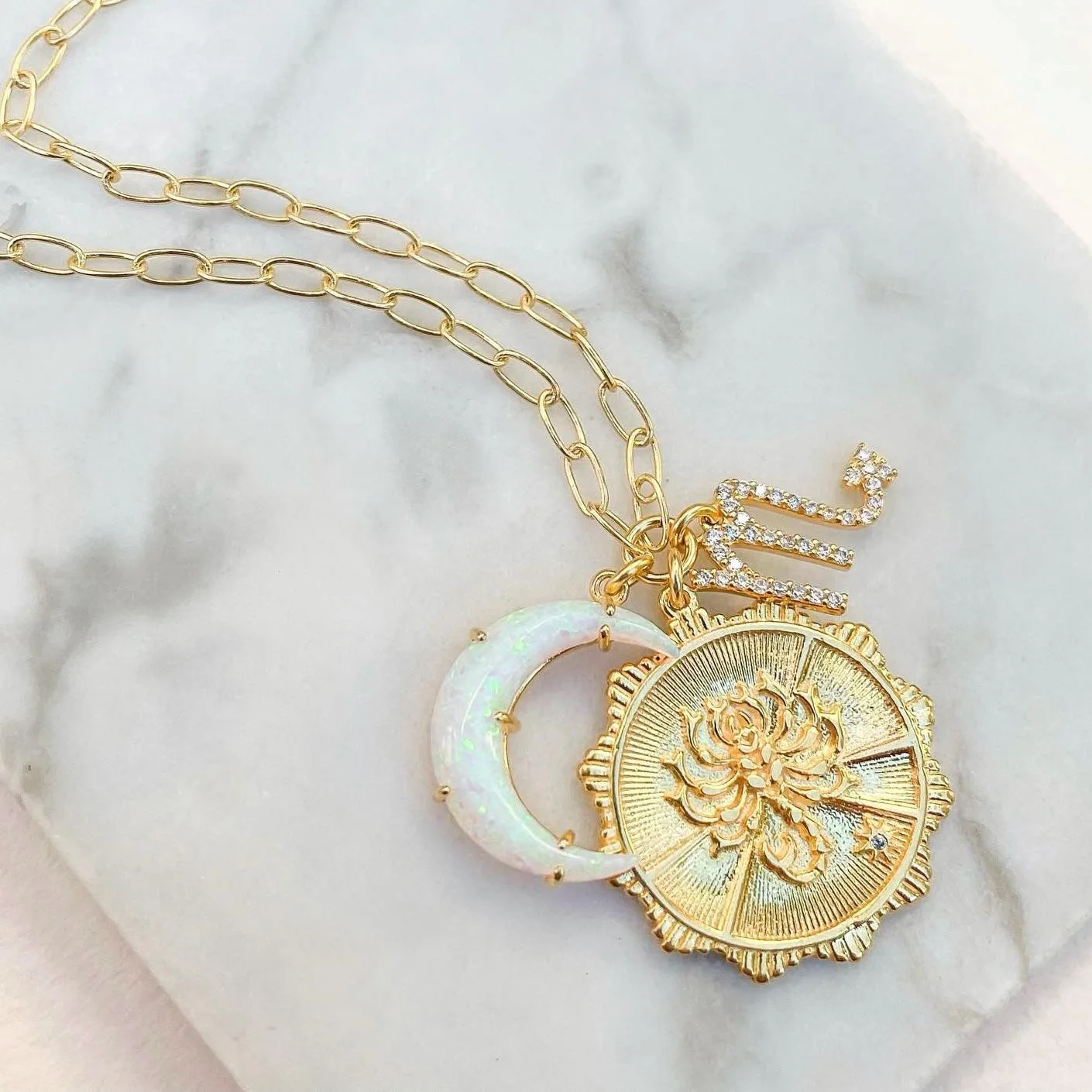 

New arrival gold plated zircon Moon Opal 12 zodiac sign Pendant Necklace