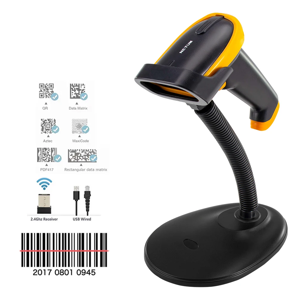 

Netum Radall Portable 2D Qr Bar Code Reader Wired USB Scanner Wireless Barcode Scanner With Stand