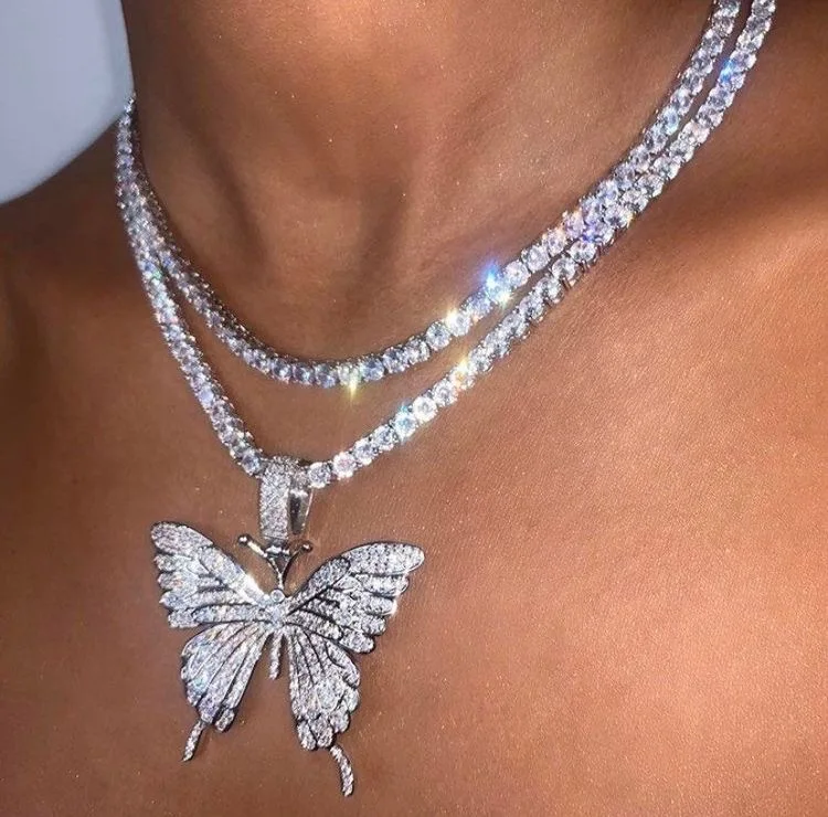 

Rhinestone Plated Women 925 Sterling Choker Silver Pendant Stainless Crystal Cuban Steel Chain Butterfly Necklace