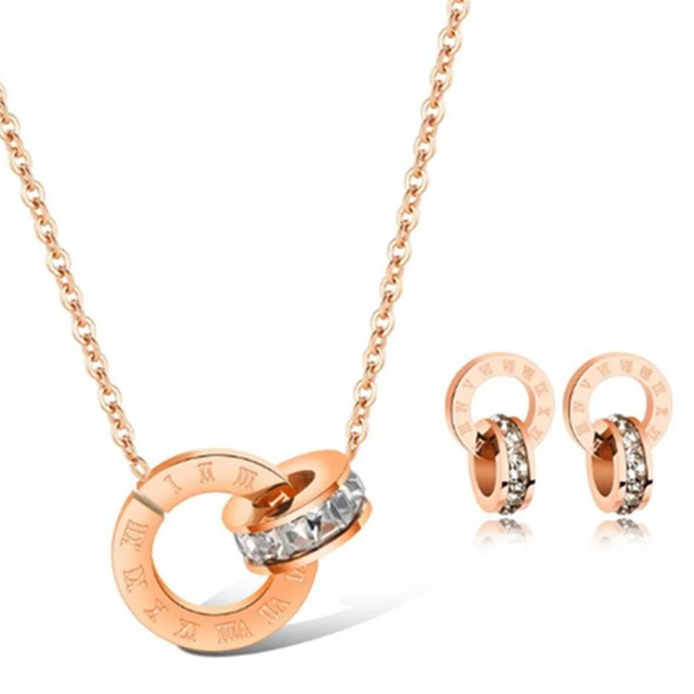 

Wholesale Engravable Rhinestone Double Round Rose Gold Ring Necklace Jewelry Set, Rose gold color