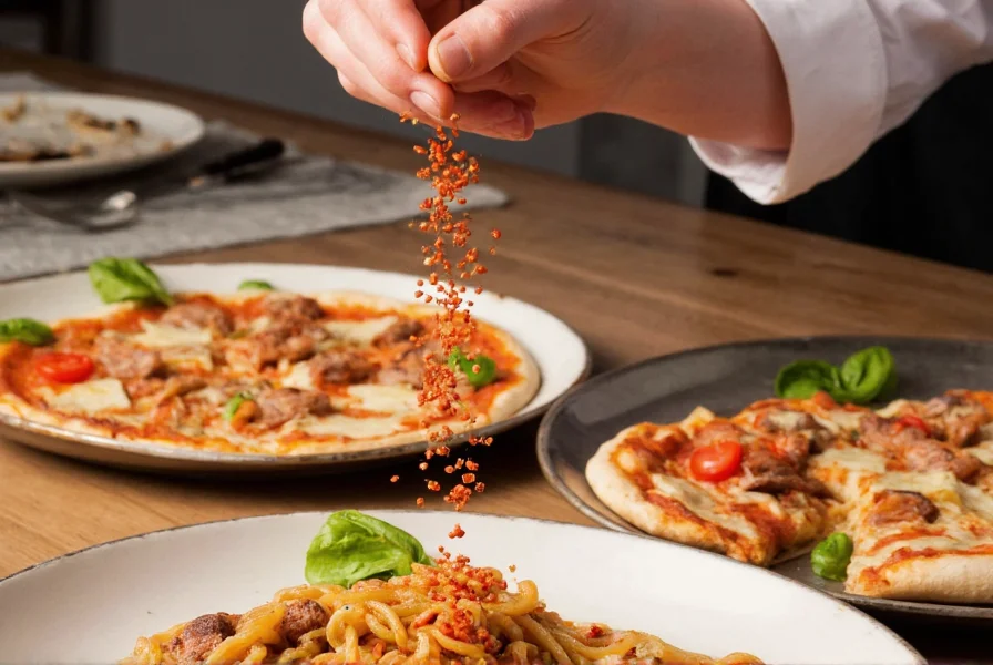 Chef's hand sprinkling various red pepper substitutes onto different dishes including pizza, pasta, and stir-fry