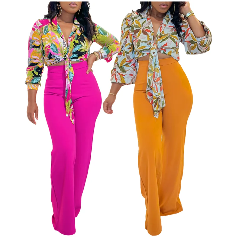 

D3241 Two Piece Set Women Clothing Print Polo Collar Long Sleeve Wide Leg Pants And Shirt Set Women Outfits For Women