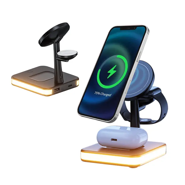 

4 In 1 Magsaf 15W Charging Dock Station With LED Lamp Magnetic Fast Qi Wireless Charger 3 in 1 Stand For iPhone 13 12 Pro Max
