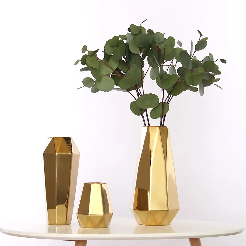 

Wholesale Home Decoration Nordic Modern Electroplating Geometric Abstract Golden Ceramic Vase, Photo