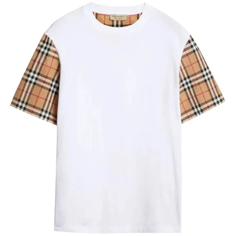 

2021 spring and summer new classic cotton round-necked short-sleeved plaid sleeve stitching t-shirt, Customized color