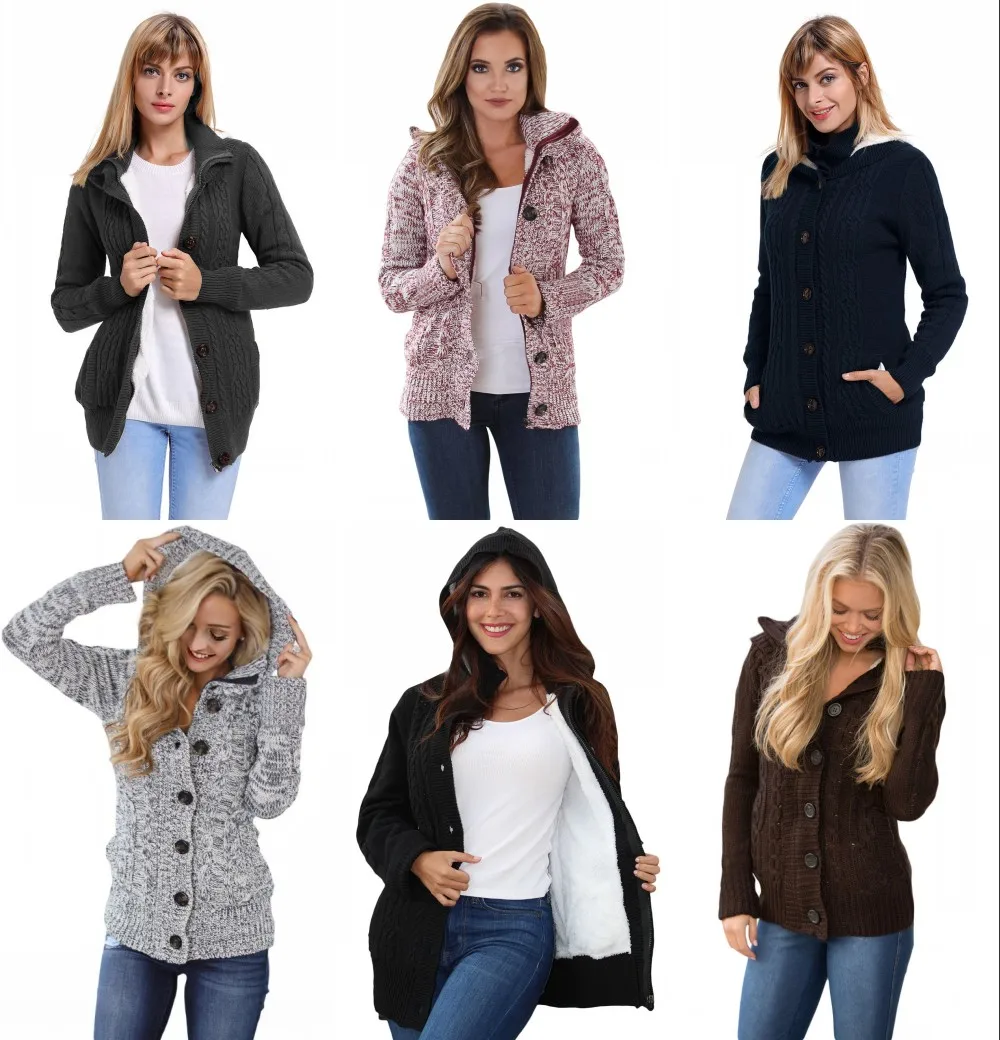 

2020 winter wholesale drop-shipping Cardigan Sweaters Women Hooded Button Warm Knitted SWeater Winter Clothes Coat Outerwear, Can follow customers' requirements