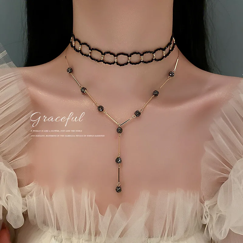 

fashion trendy black beaded necklace women