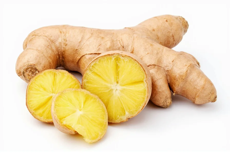 Fresh ginger root with peeled section showing fibrous interior and bioactive compounds diagram