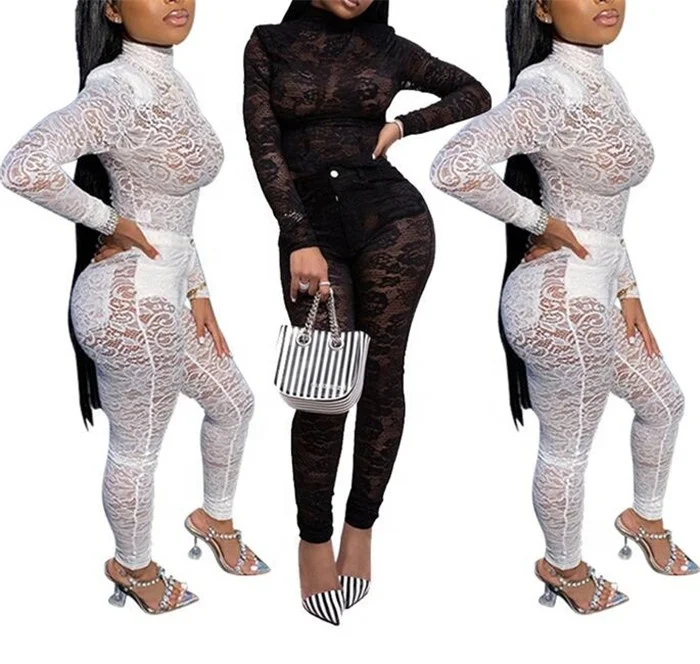 

Hot Sale Breathable Women Lace Two Piece Pants Set Spring Long Sleeve Hollow Out Fall Lady Club Sets Sexy Outfits