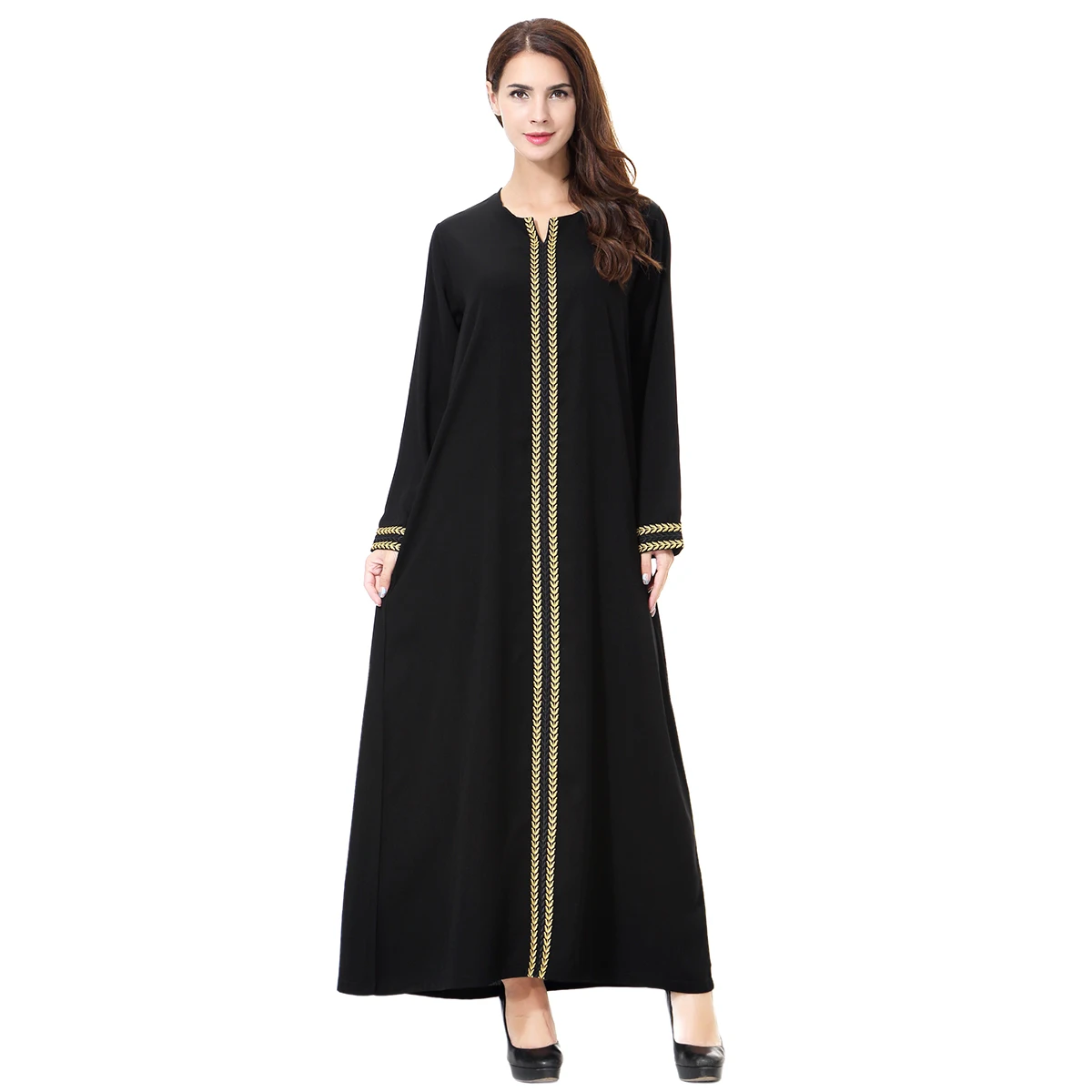 

Muslim Arab Middle East Lady's Dress Galabia Embroidered Robe With Round Collar Prayer Robes Female Gown