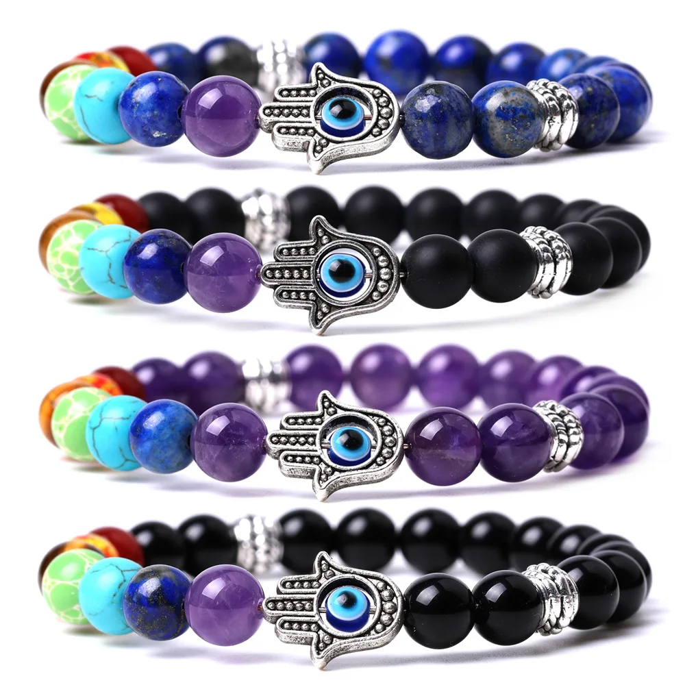 

Healing Seven Chakras Beads Fatima palm Eye Stone Bracelet Women Men Woven Energy Buddha Bracelets Jewelry