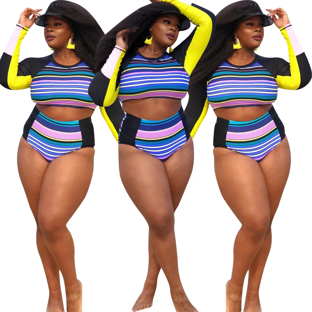 

LBXZ66302 New arrival summer large size sexy positioning printing striped long sleeved tight swimsuit suit, Picture color