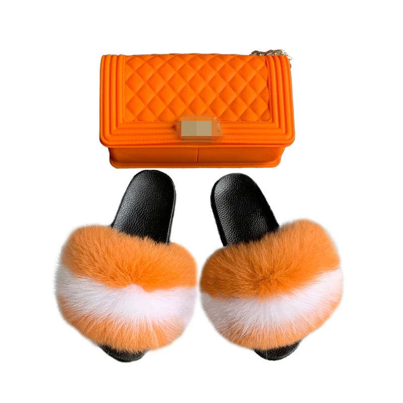 

Popular US Fashion Women Genuine Fox Fur Fluffy Wholesale Fur Slides With Purses, Picture