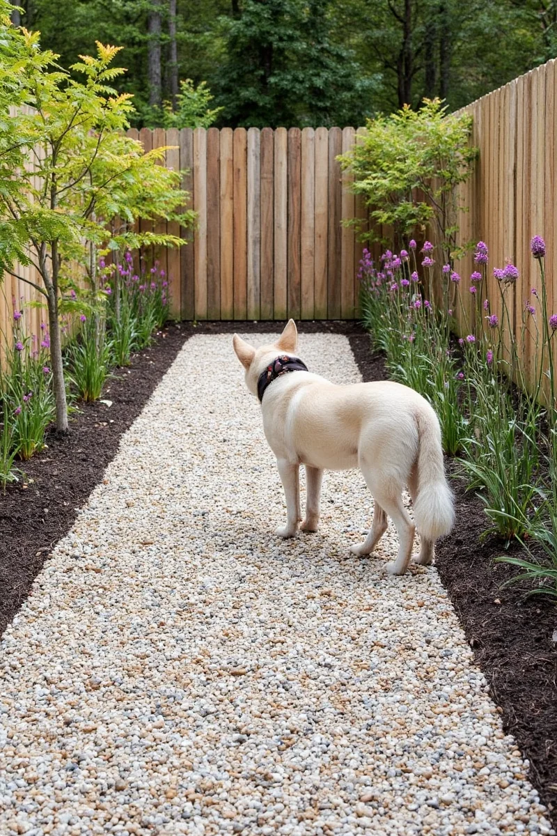 FlexiGate expandable metal gate installed at the edge of a pea gravel pathway, keeping dogs within designated areas without blocking sightlines.