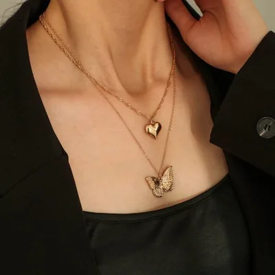 

Korean Design 18K Gold Plated Double Layer Heart Necklace Water Wave Chain Golden Butterfly Pendant Necklace For Women Gift