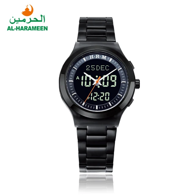 

Factory HA-6106 Stainless Steel Metal Muslim Prayer Wrist Watch for Man AL HARAME Multi-Function Islamic Azan Mosque Watch