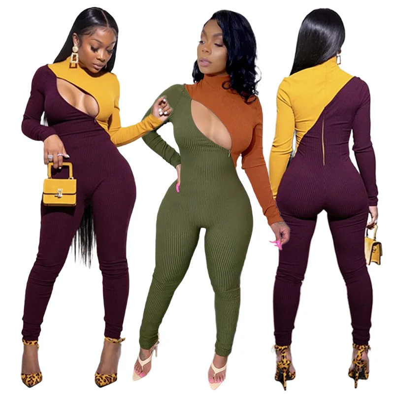 

Factory wholesale European fashion casual solid color stitching small pit strip zipper tight sexy jumpsuit women