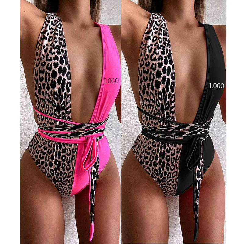 

Free shipping Hot Sale Sexy High Rise Thong Cut Bikini Leopard print splice strap for one-piece swimsuit