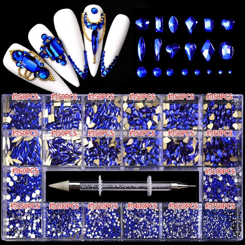 

Blue 3D Diamond 21 Grid Boxed Nail Sticker Rhinestone Glitter Flat Glass Shaped Jewelry Nail Art Decoration Accessories Shiny, Multi color