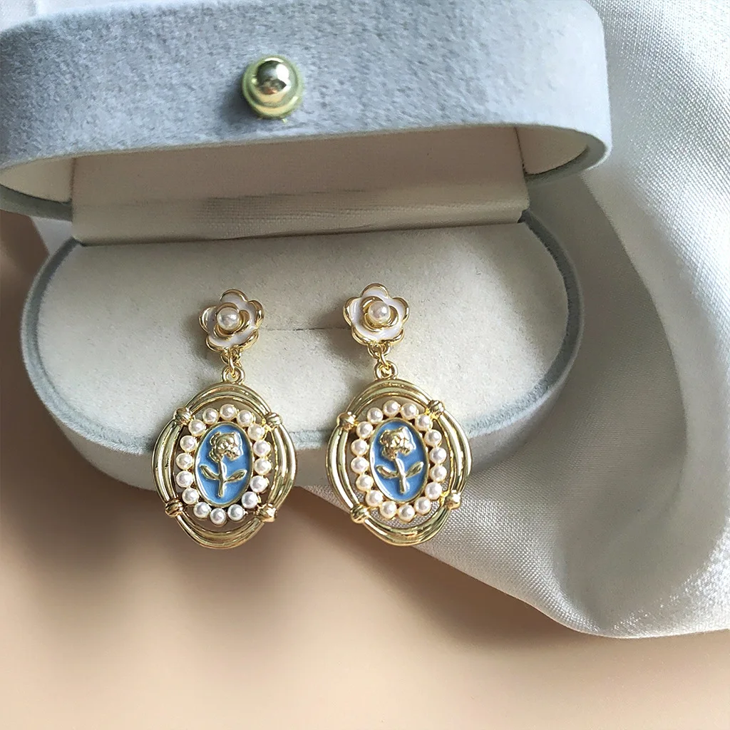 

French Vintage Brass Earring S925 Silver Stud Drop Earring Blue Enamel Flower Earring For Women Girls