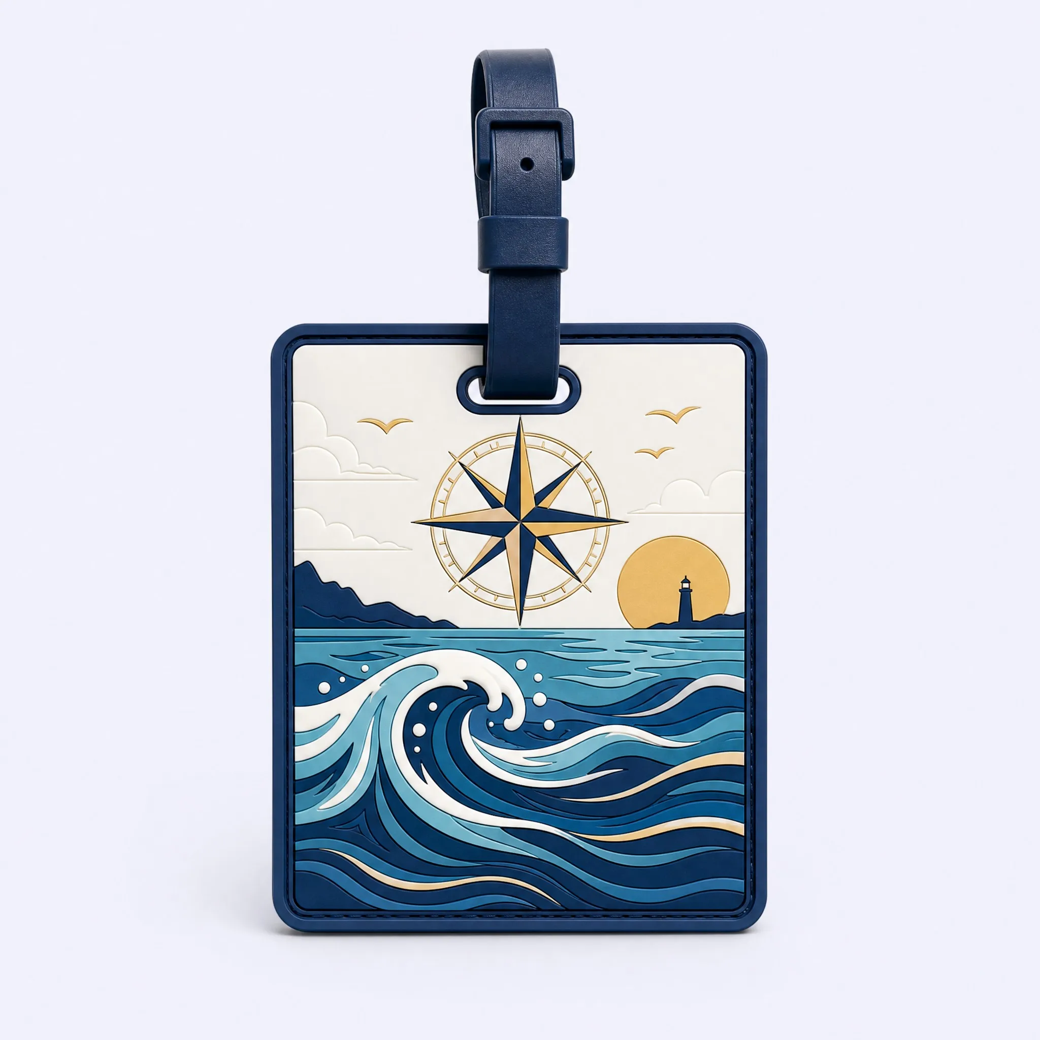 Custom 3D Soft PVC Nautical Compass and Ocean Wave Luggage Tag Front Artwork Full View