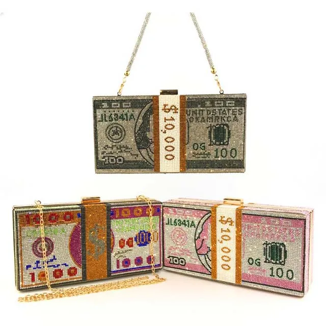 

2021 US Money Bill Print Bling Rhinestone Sign Dollar Bag, As showed