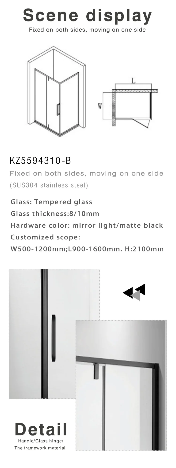 KEZE Luxury square black Morden Design Framed  framed tempered Sliding Door glass Shower Rooms