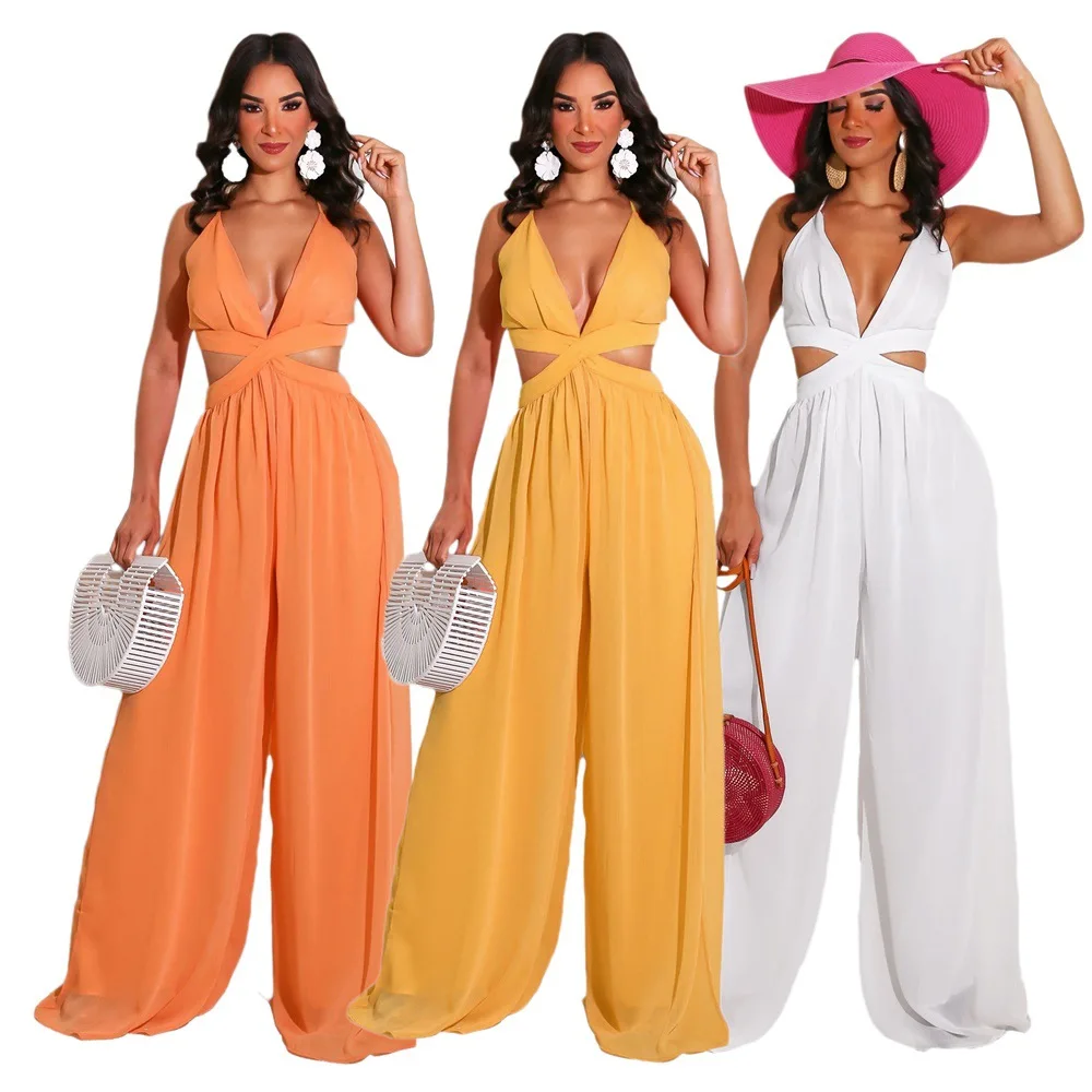 

Halter Wide Leg Sexy Summer Jumpsuit V Neck Women Overalls Backless Loose Rompers Womens Jumpsuit Female Long Pants