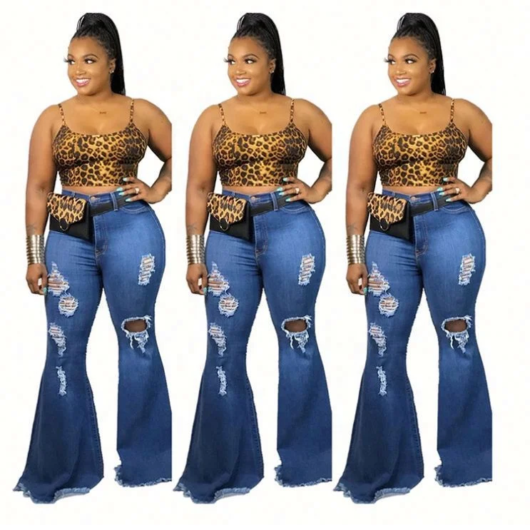 

10518NA Fashion Denim Fabric Washed Ripped Flared High Waist Women Casual Pants Jeans 2021 Boutique