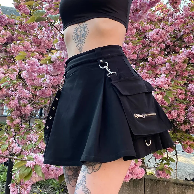 

Harajuku Punk Gothic Black High Waist Black Skirts Women Sexy Patchwork Bandage Mini Skirt Female Streetwear Summer Chie