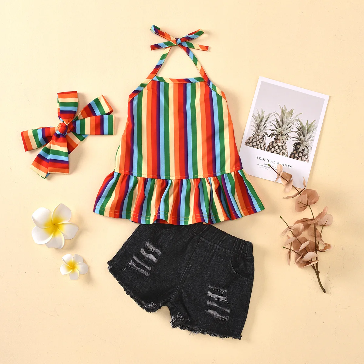 

Rainbow Lace Ruffled Top Colorful Headband Broken Hole Denim Shorts Suit
