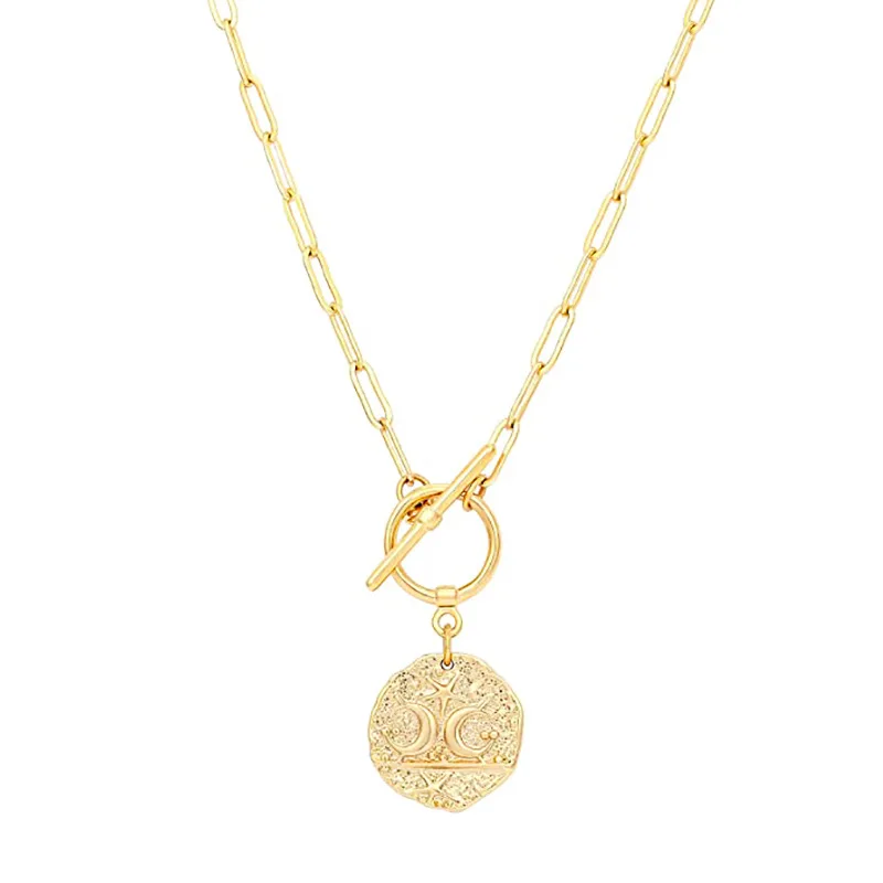 

Fashion Metal 18k Gold Plated Necklace Moon and Star Round Coin Pendant For Women Charm Minimalist OT-Buckle Jewelry