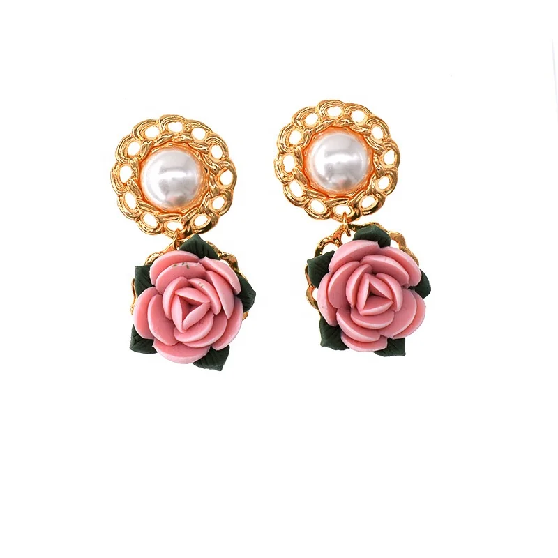

Wholesale womens vintage ceramic rose flower pearl gold plated alloy earrings jewelry