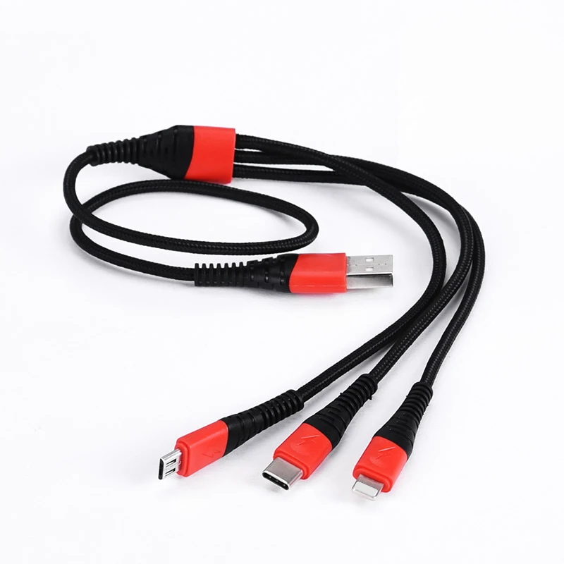 

wholesale custom cheap price durable quality 1.2M USB A to Micro Lighting Type-C 3 in 1 charger cable for iPhone cell phone, Black/red