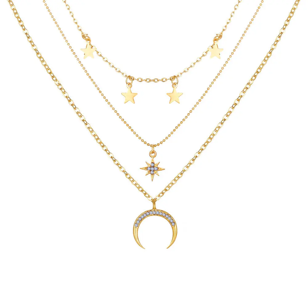 

Hot Sale Star Moon Heart Butterfly Pendant Multilayer Chain Choker Necklace for women, As picture