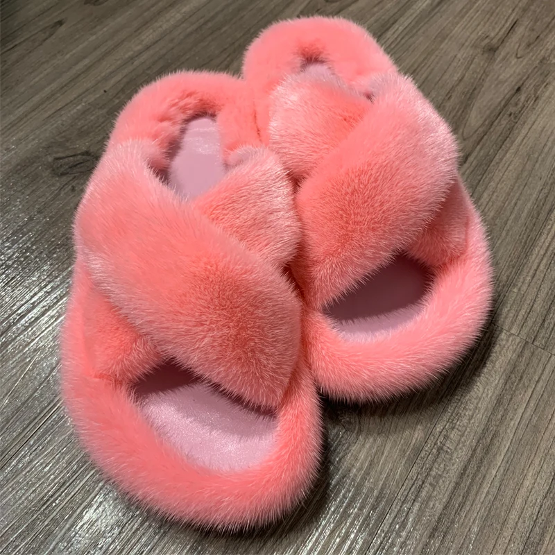 

Mink Fur Slippers Women Real Mink Fur Slides Ladies Mink Fur Shoes Home Slippers S6077, Customized color