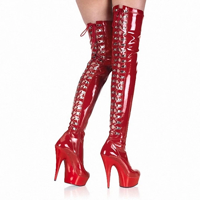 

6 Inch Stripper Heels Red Hollow Lace Up High Models Over The Knee Boots 15CM Party Thick Sexy Pole Dancing Shoes Big Size Women
