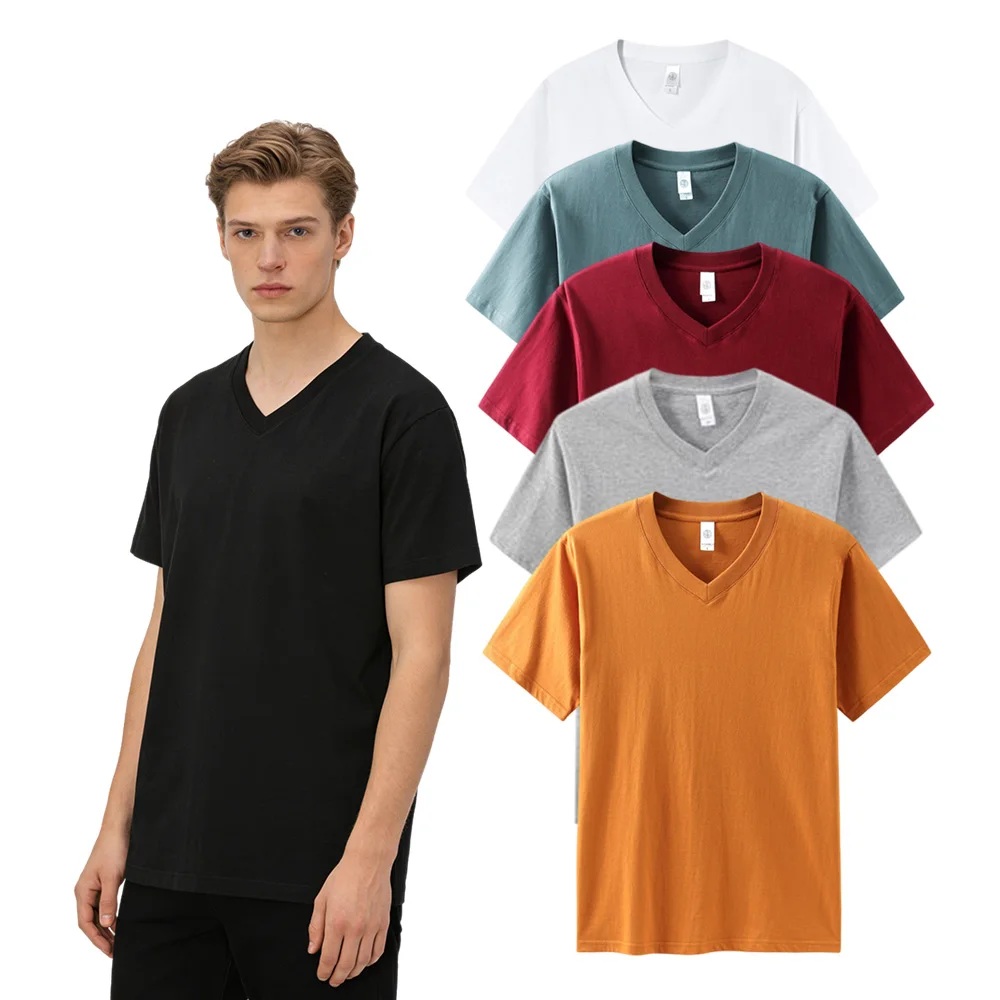 Heavy Weight Cotton Shirt High Quality Short Sleeve 200gram 100% Cotton Unisex Blank With Private Label V-neck T-shirt
