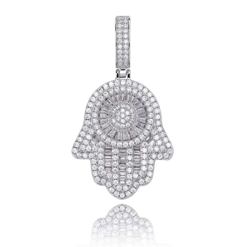 

Hot Sale Pendant 925 Silver Full Inlay Trapezoid Shape CZ Diamond Cubic Zirconia Hand of Fatima Mans Pendant