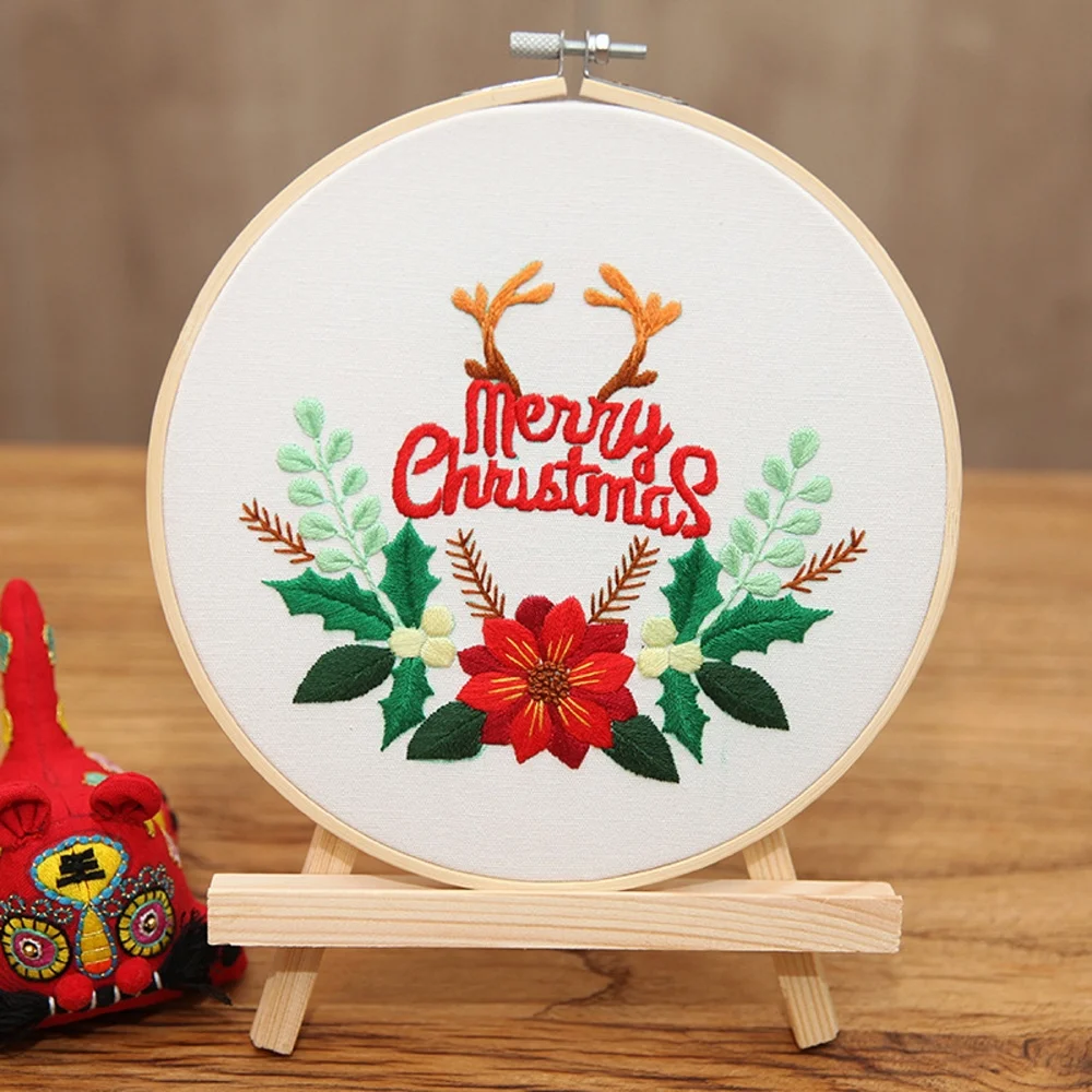 

Christmas Embroidery Starter Kit with Pattern, Bamboo Hoop, Color Threads Tools, English Instruction for Beginners