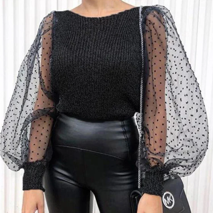 Organza Patchwork Dot Knit Puff Sleeve Knit Blouse Women Black Crop Top