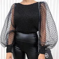 

Organza Patchwork Dot Knit Puff Sleeve Knit Blouse Women Black Crop Top