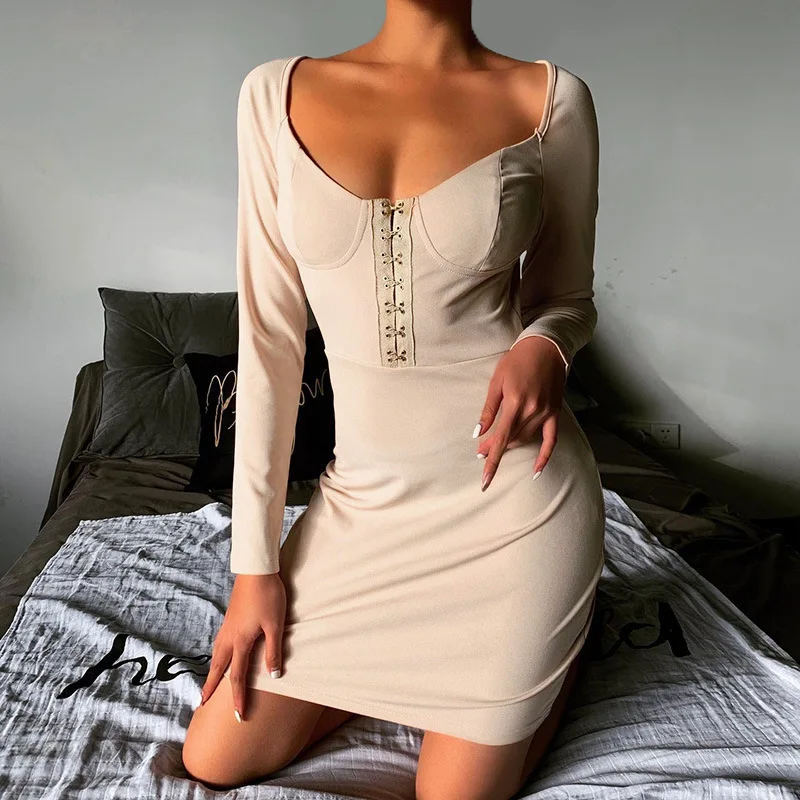 

W0096A 2021 Sexy elegant simple corset mini dress fashion long sleeves casual dresses, As picture