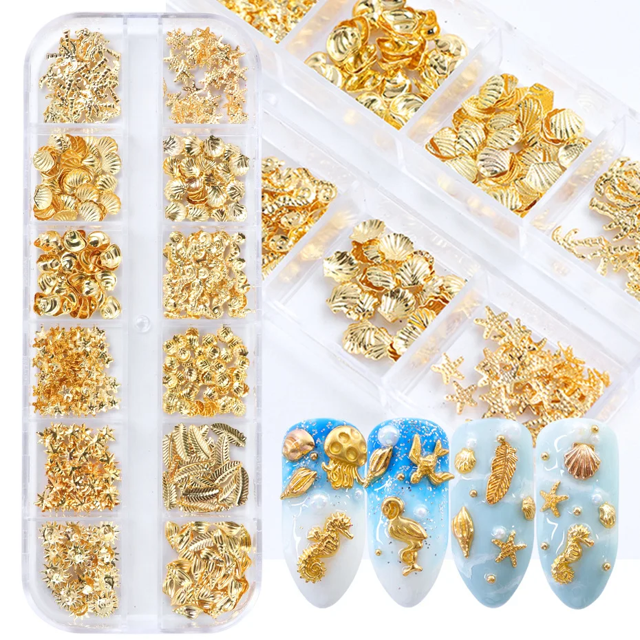 

3D Summer Ocean Gold Nail Art Decorations Mixed-Shape Metal Frame Shell Leaf Rivet Studs on Nails DIY Charm Jewelry Accessories