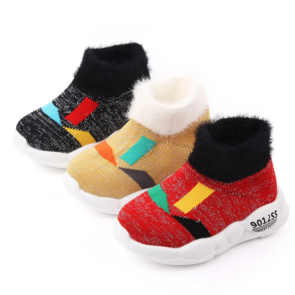 

High quality add plush warm kids toddler socks shoes unisex, Red/yellow/black
