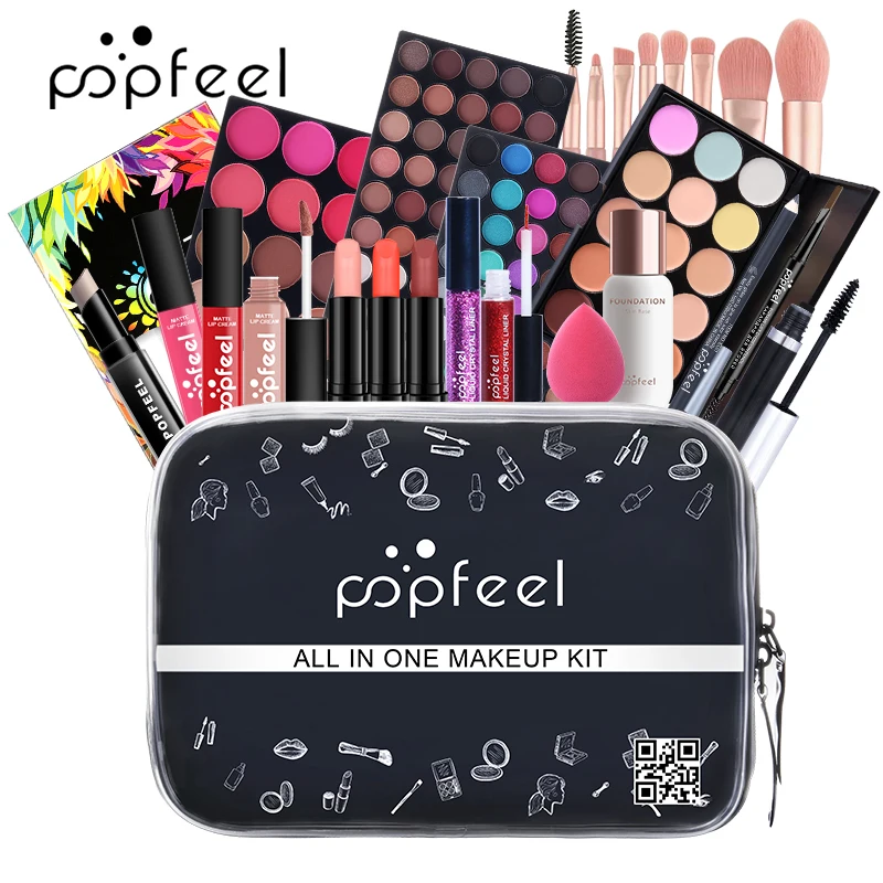 

Makeup Set Eyeshadow Lipstick Eyebrow Pencil Lipgloss Makeup Brush Powder Puff With Makeup Bag Cosmetics Kit