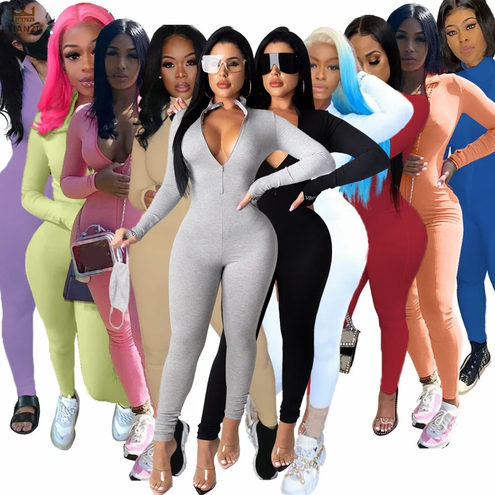 

O4295 - fashion modern women long sleeve body con solid zipper jumpsuit