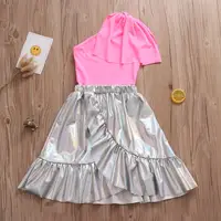 

Fashion Girl Costume Off the Shoulder Pink Top + Glitter Sliver Ruffle Skirt 2pcs Children Girl Stylish Outfit for 2-7T